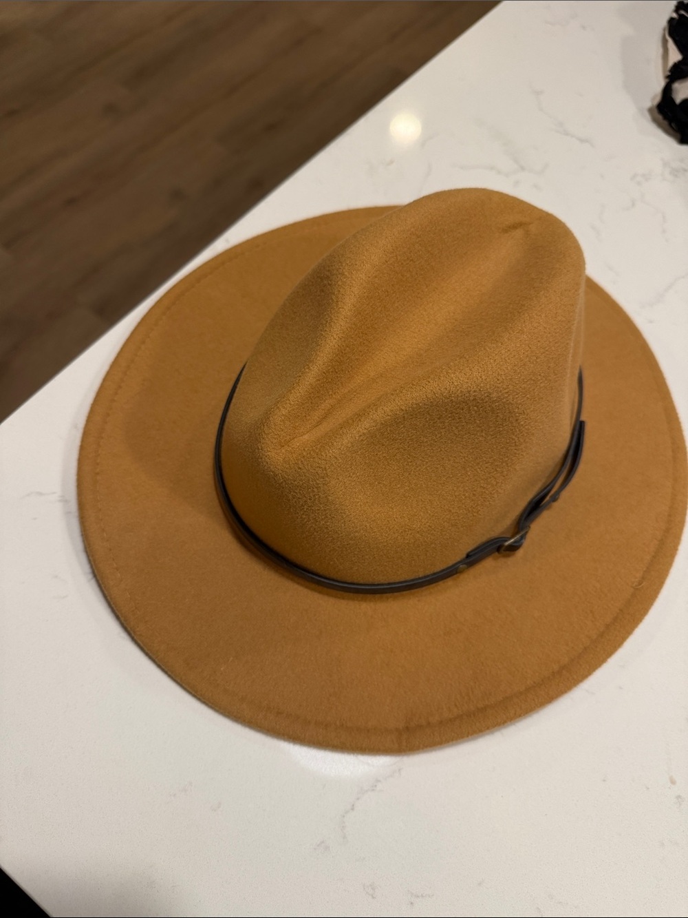 Wide Brim Felt Fedora Hat in Camel with Leather Band - Women